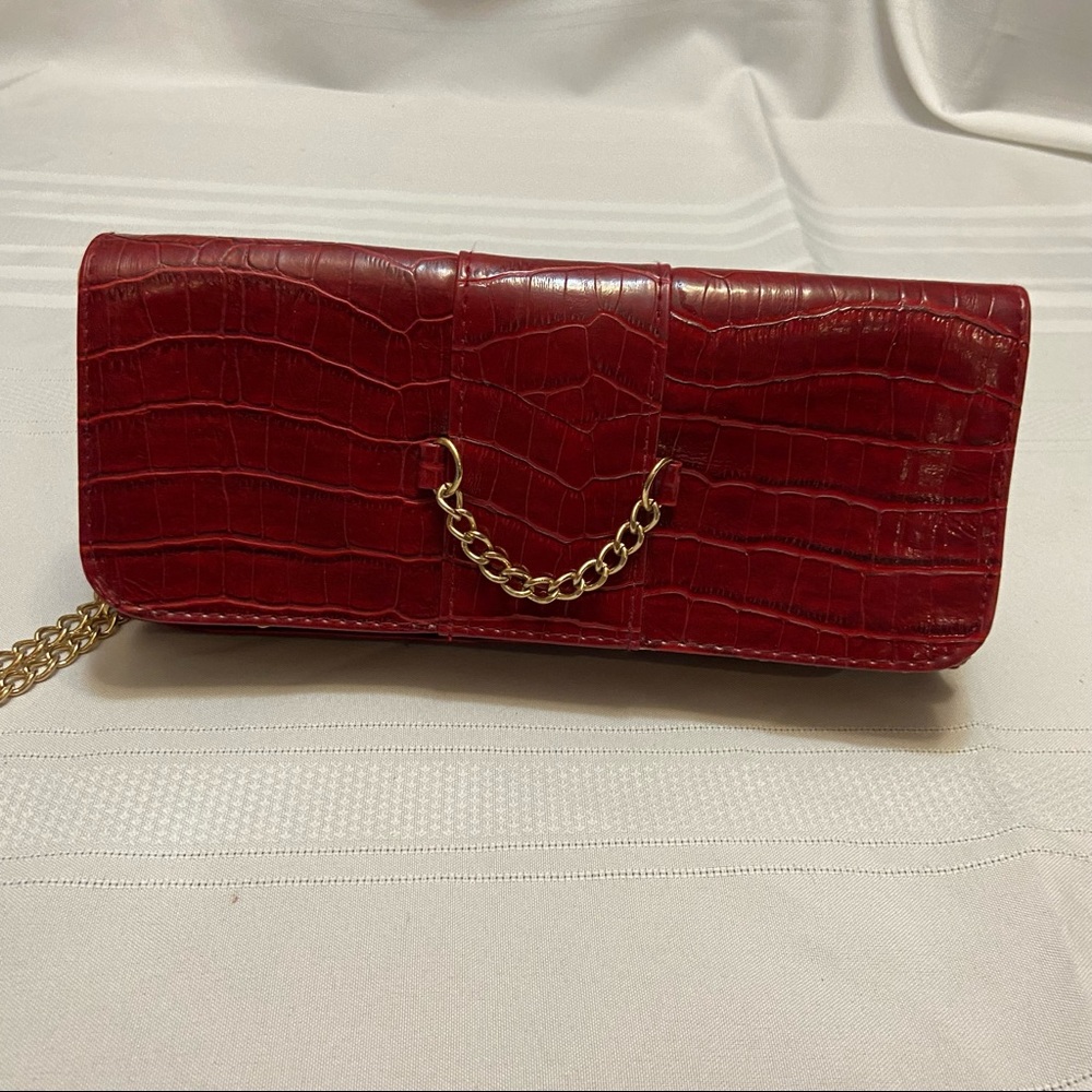 Red Alligator Print Womens Clutch/ Wristlet with Gold tone Hardware